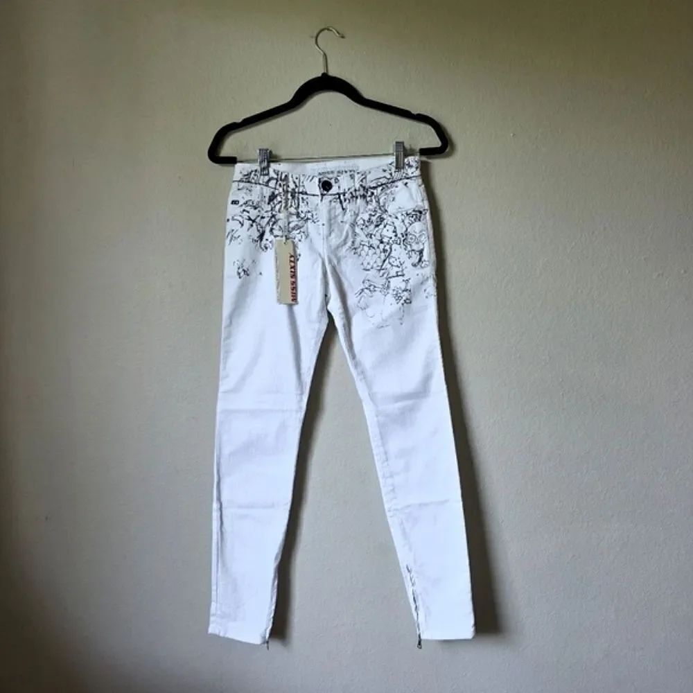 NWT Miss Sixty White And Black Tattoo Print Skinny Jeans With Zippers Size 25